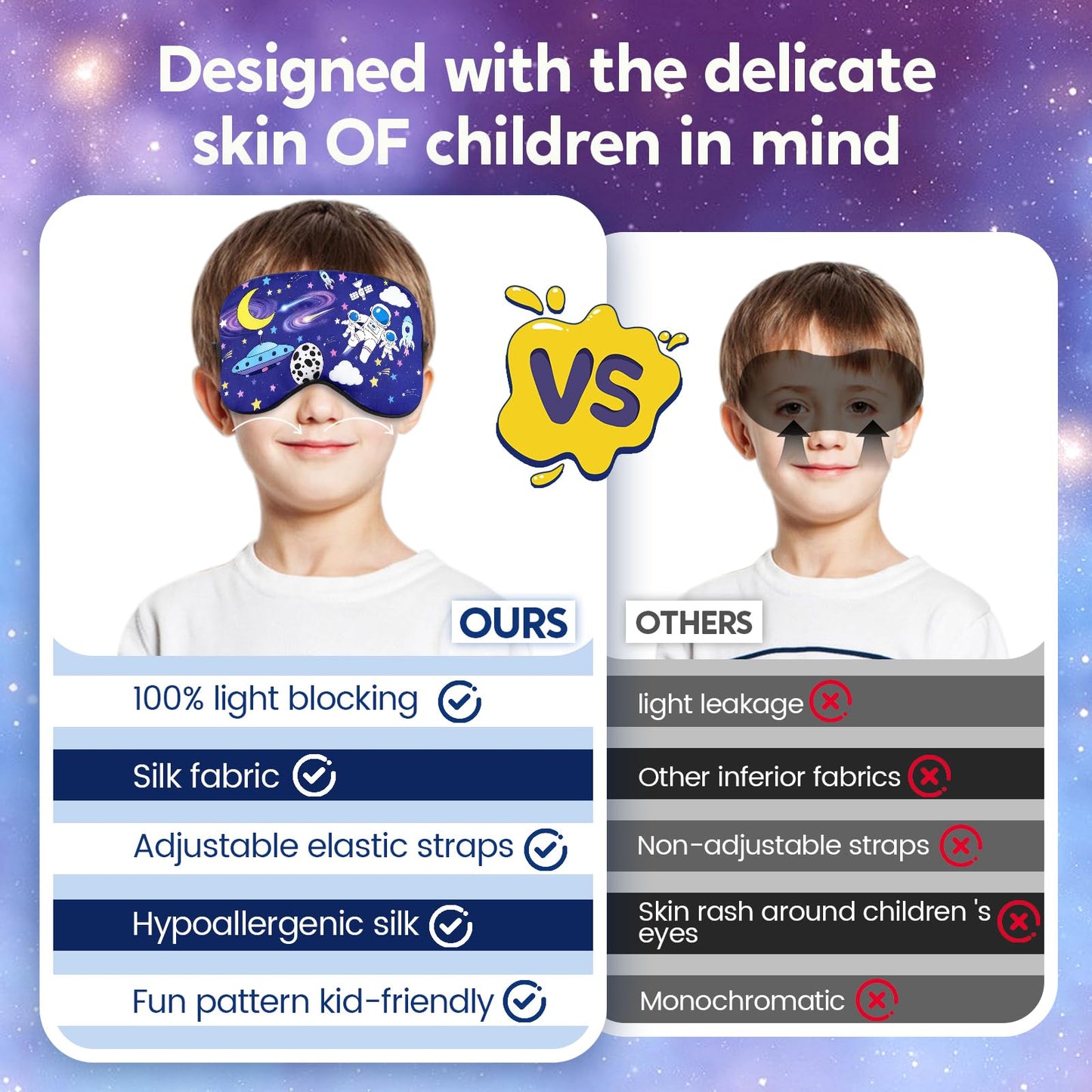 2 Pcs Sleep Mask for Kids Boys, Silk Eye Covers for Sleeping, Adjustable Strap & Light Blocking Design, Children's Bedtime Blindfold for Travel and Home Use (Astronaut)