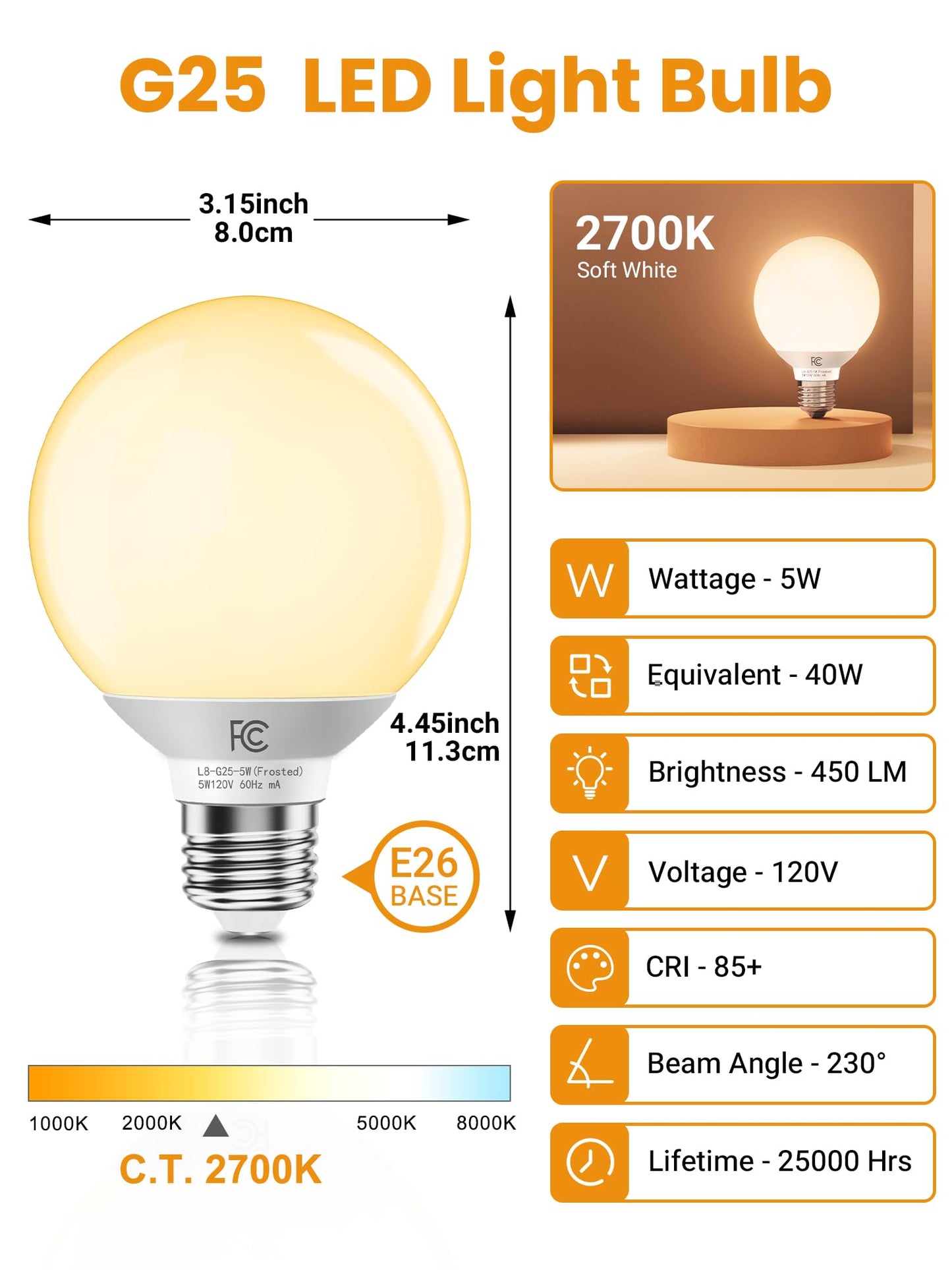 TJOY G25 LED Globe Light Bulbs, Vanity Light Bulb for Bathroom 40W Equivalent, 2700K Soft Warm White E26 Base, Round Decorative Bulb for Vanity Makeup Mirror, CRI85+, 450LM, Non-Dimmable, UL, 4 Pack