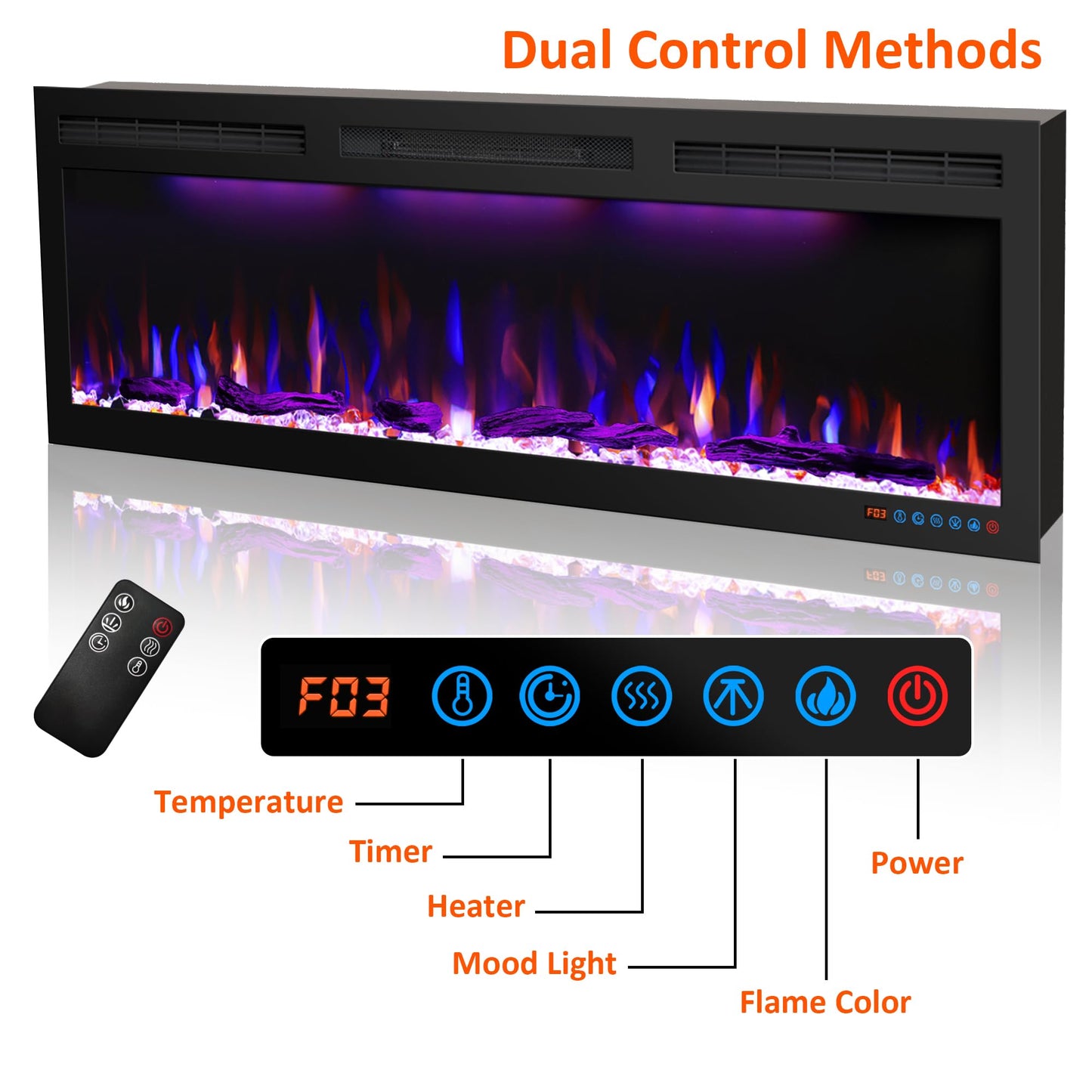 50 inches Electric Fireplace, Recessed and Wall Mounted Fireplace Heater and Linear Fireplace Inserts, with Timer, Remote Control, Adjustable Flame & Light Colors, 750W/1500W, Black