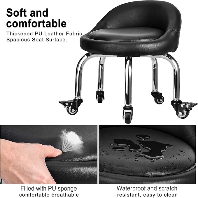 FLOLXNB Low Stool with Back, Low Height Rolling Chair, Low Stool with Wheels for Garage Shop Home Office,L
