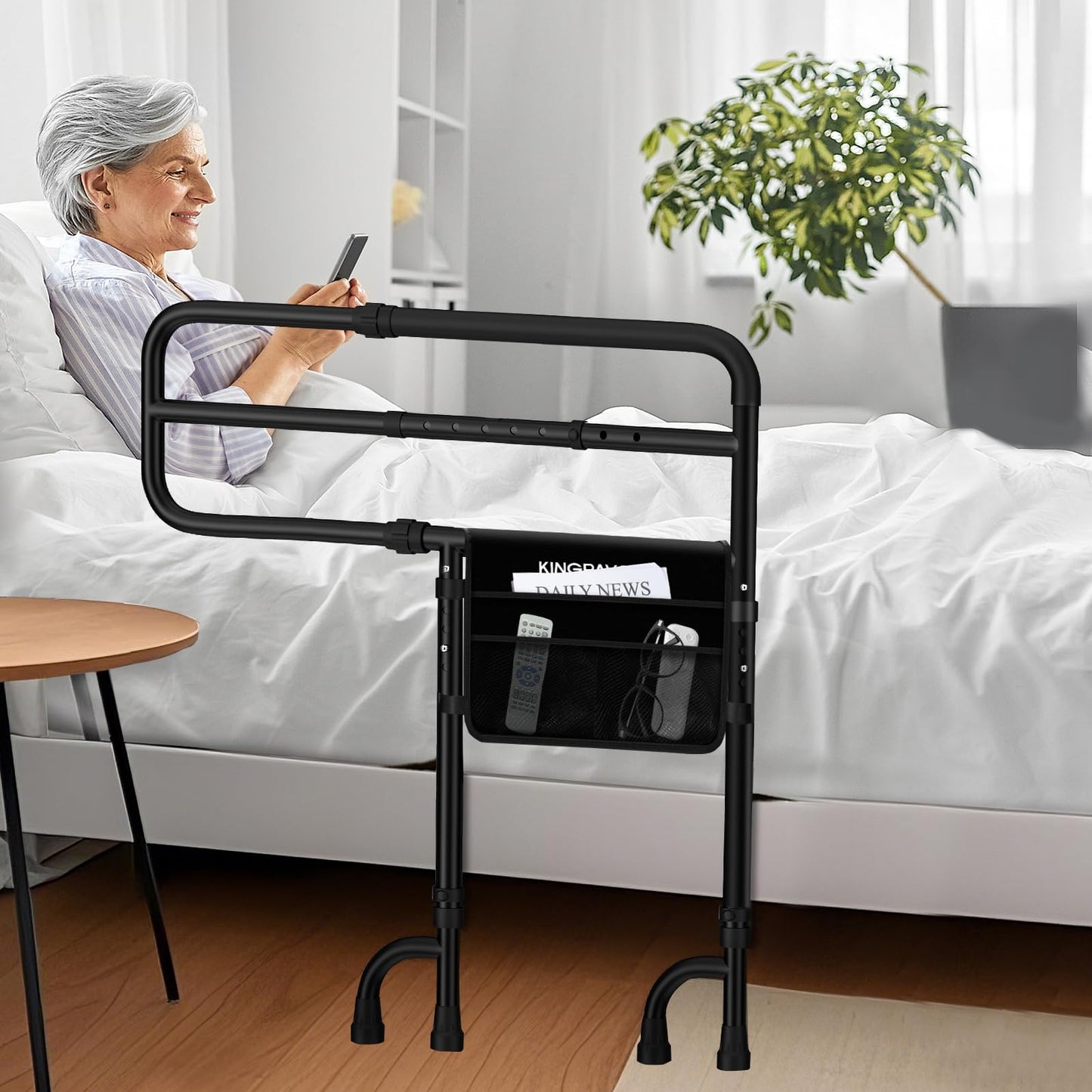 KingPavonini Bed Rails for Elderly Adults Safety with 9 Level Adjustable Handle, Stable Bed Railings for Seniors Hold up to 400 Lbs, Bed Cane with Storage Bag & Tool-Free Installation