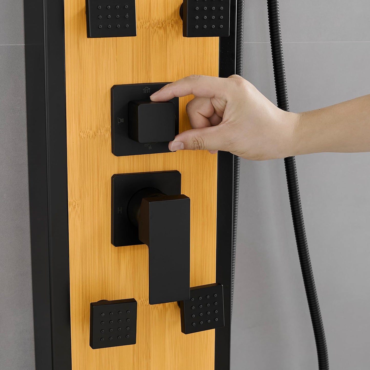 BWE Stainless Steel Shower Panel Tower System 8 Jets Multi-Function Shower Panel System Black and Bamboo Panel with Handheld Wand Wall Mount Shower Column