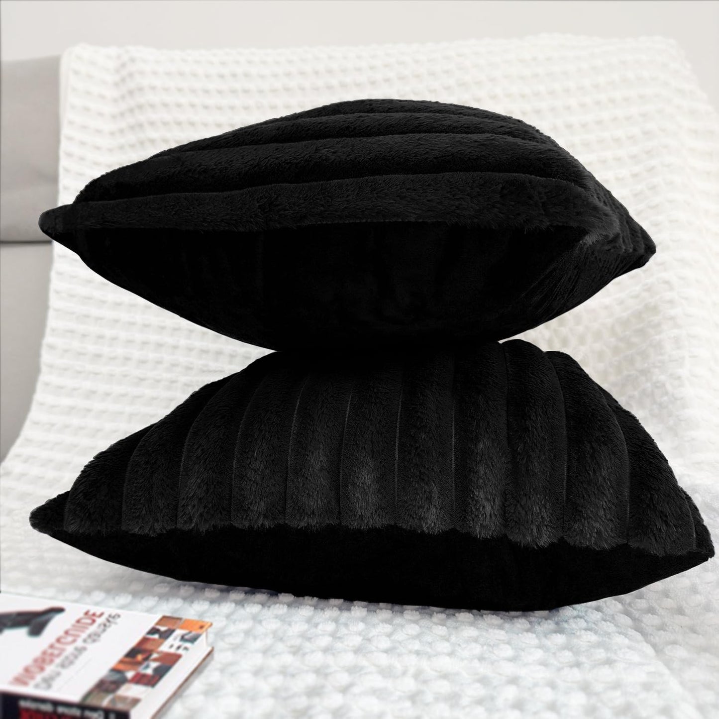 Bunliuys 2 Pack Pillow Covers, 20x20 Faux Fur Square Throw Pillow Covers for Living Room Decorations Throw Pillow Case, Throw Pillow Cover Cushion Cover for Home Sofa Bedroom Car, Black
