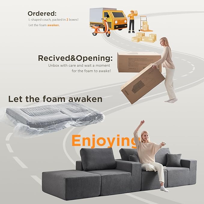 INGEROOM 108" Cloud Sectional Couch with Chaise, Modular L-Shaped Sofa, Deep Seat Comfy Corduroy Memory Foam Couch for Apartments, Dorms or Small Space, No Assembly Required, Dark Grey