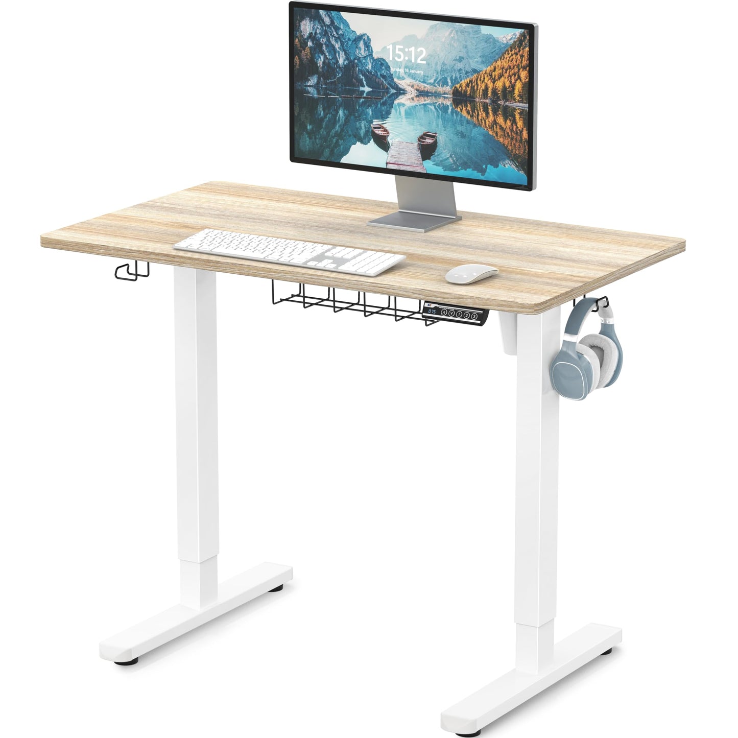 SHW 40 x 22 Inches Electric Height Adjustable Sit to Stand Desk with Hanging Hooks and Cable Management, White Frame and Maple Top