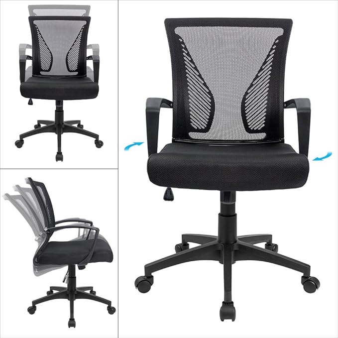 Furmax Office Chair Ergonomic Computer Desk Mesh Chair Mid Back Swivel Lumbar Support with Armrest (1, Black)