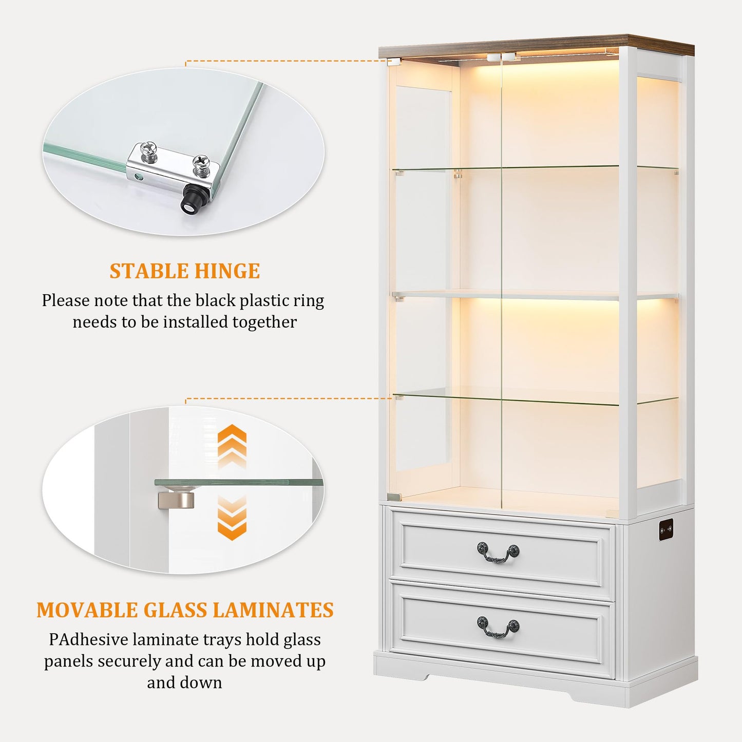 TAGELIER 67" Tall Display Cabinet with Glass Doors and 2 Drawers, Adjustable Glass Height Bookcase, Curio Cabinet with 3 LED Lights and Human Body Sensor (White)