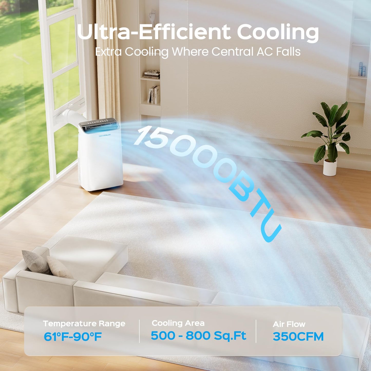TECXERLLON 15000 BTU Portable Air Conditioners Cools Up to 800 Sq.Ft., 4-in-1 Smart Portable AC Unit with Cooling, Dehumidifier, Fan & Sleep Mode, Self-Evaporating, Remote Control for Home & Office