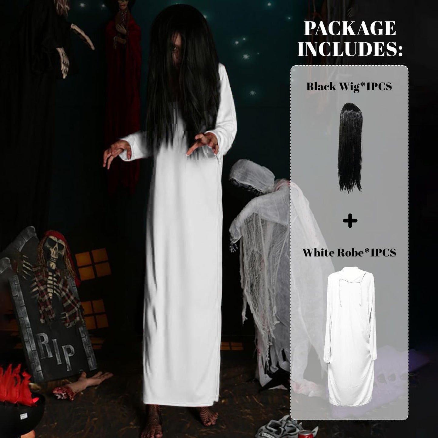 DECEED 2 PCS Halloween Ghost Costume for Adult, White Robe Black Wig Set, The Ring Samara Cosplay Costume Dress Up Party Outfit (L)