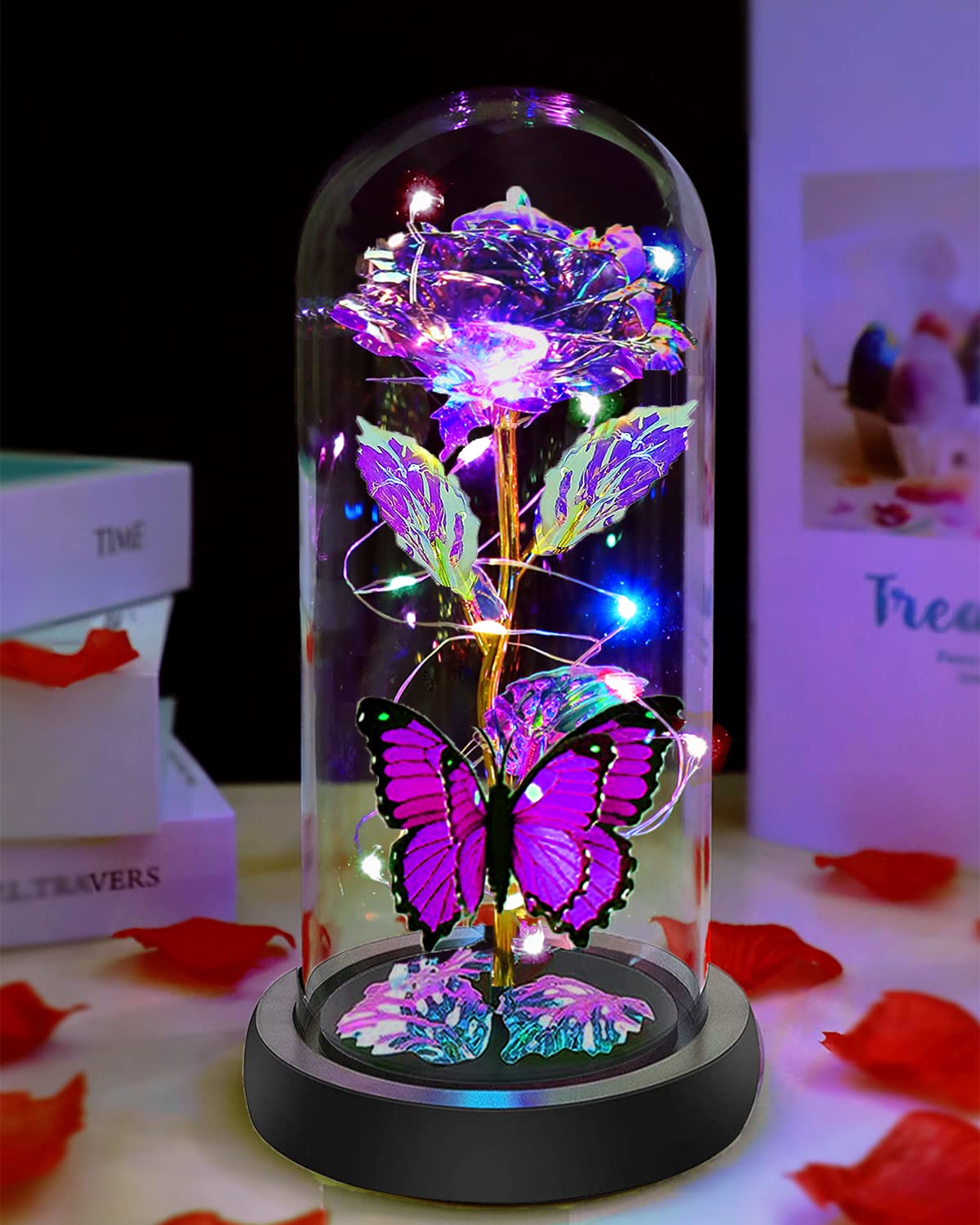 Birthday Gifts for Women, Flowers Gifts for Women Mom Her, Galaxy Crystal Light Up Rose Flower in A Glass Dome, Christmas Rose Presents Wife Grandma Sister Butterfly Purple