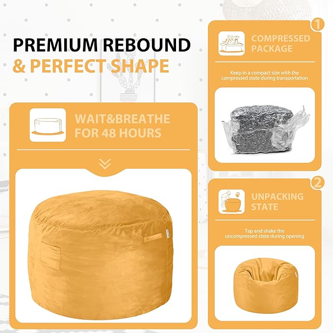 HABUTWAY Bean Bag Chair 3Ft Luxurious Velvet Ultra Soft Fur with High Rebound Memory Foam Bean Bag Chairs for Adults Plush Lazy Sofa with Fluffy Removable Sponge 3' (Mustard)