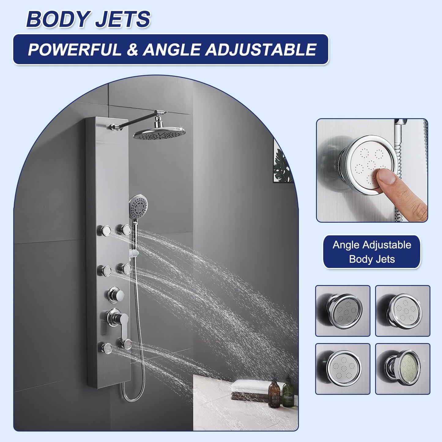 ROVATE Shower Panel Tower System 304 Stainless Steel, Shower Panel System with Adjustable Rainfall Shower Head, 6 Body Massage Jets and 5 Functions Handheld, Brushed Surface