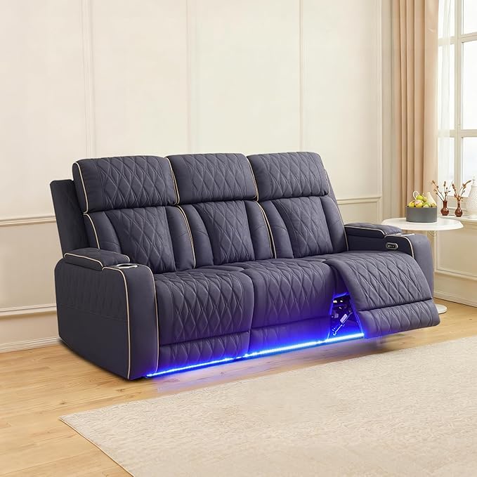 Caberryne Power Recliner Sofa with LED Lights,Suede Leather Reclining Couch with Double Recliner/USB Port/Coffee Table/Cup Holder for House/Home Theater(3 Seater Sofa,Navy)