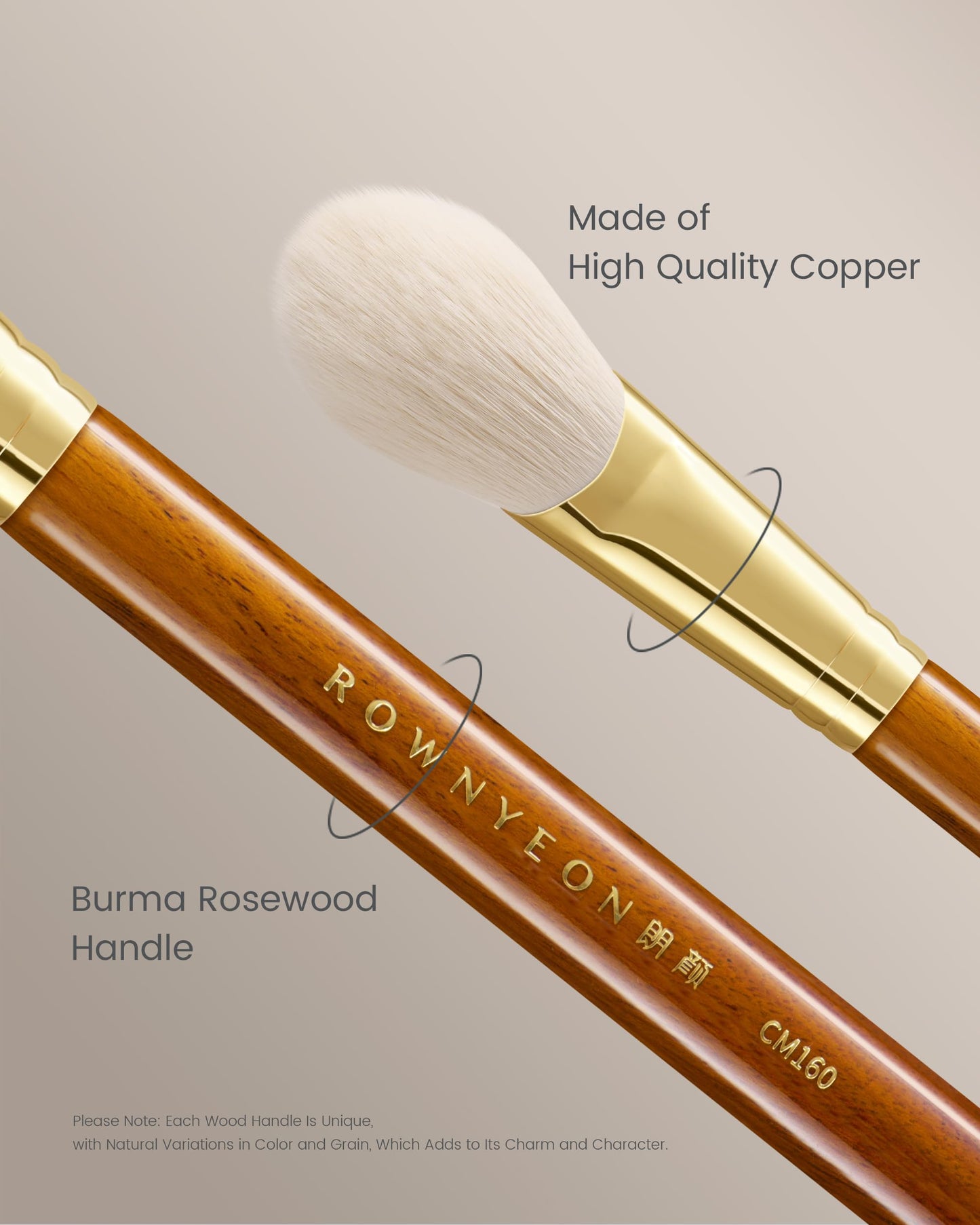 Desert Oak Series CM 160 Angled Blush Brush for Cheeks - Ideal for Powder & Cream Blush, Golden Brass Ferrule, Ebana Bubinga Han