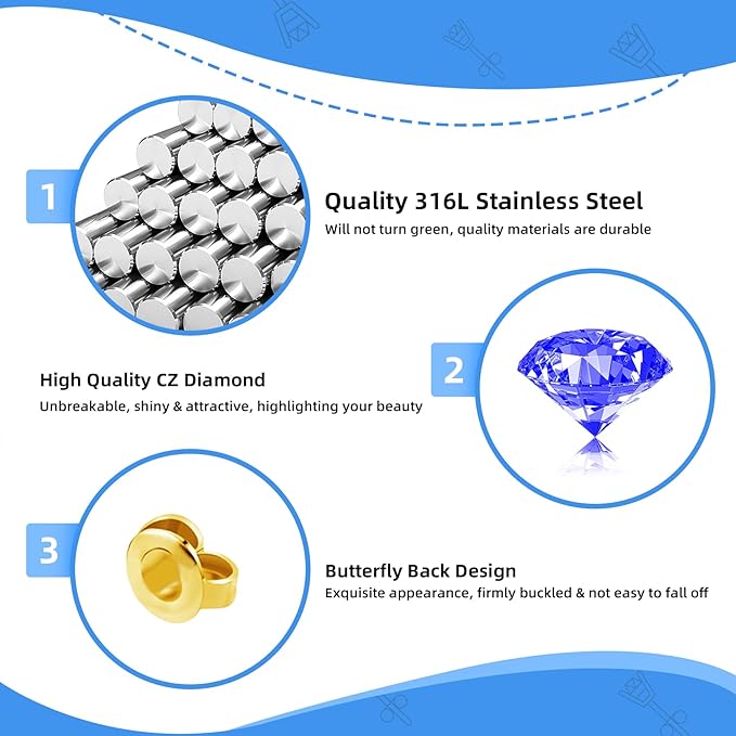 Get the Perfect Ear Piercing with 24 Pcs Premium Ear Piercing Kit - Includes 8 Blue CZ Stones Earrings and 8 Easy-to-Use Self Ear Piercing Gun - Safe and Painless