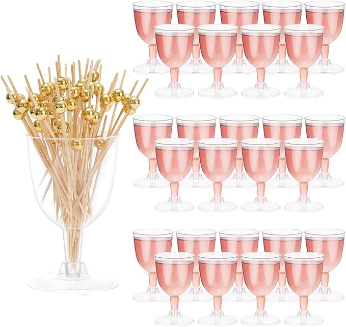 Whaline 200Pcs 5 oz Plastic Wine Glasses with Stem and Gold Pearl Cocktail Picks Set Disposable Clear Cups Drink Goblets w...