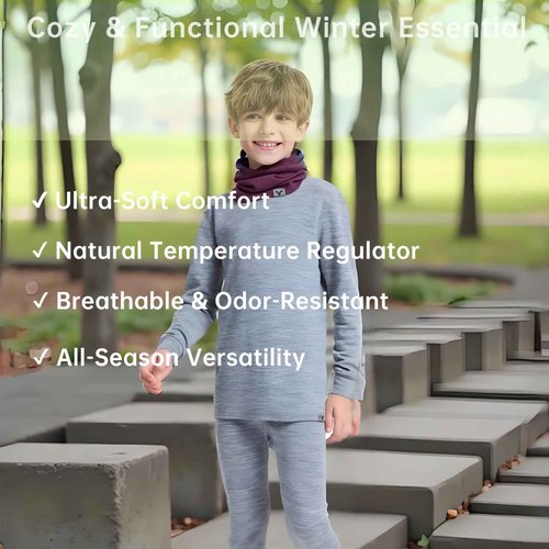 MERINNOVATION Merino Wool Base Layer Set for Kids Top and Bottom Thermal Underwear Long Sleeve