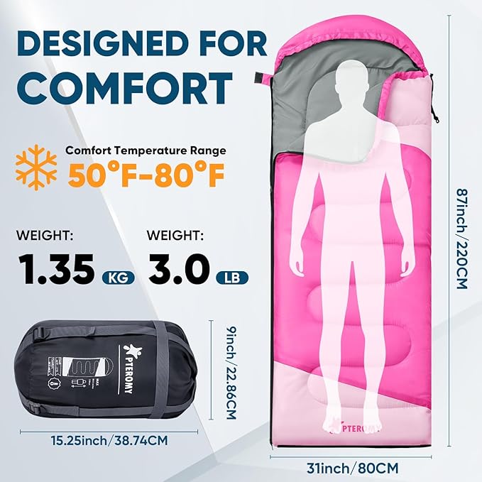PTEROMY Sleeping Bags for Adults, Lightweight and Machine Washable, Water Resistant Backpacking Camping Sleeping Bag for Warm Cold Weather, Camping Essentials for Hiking Travel