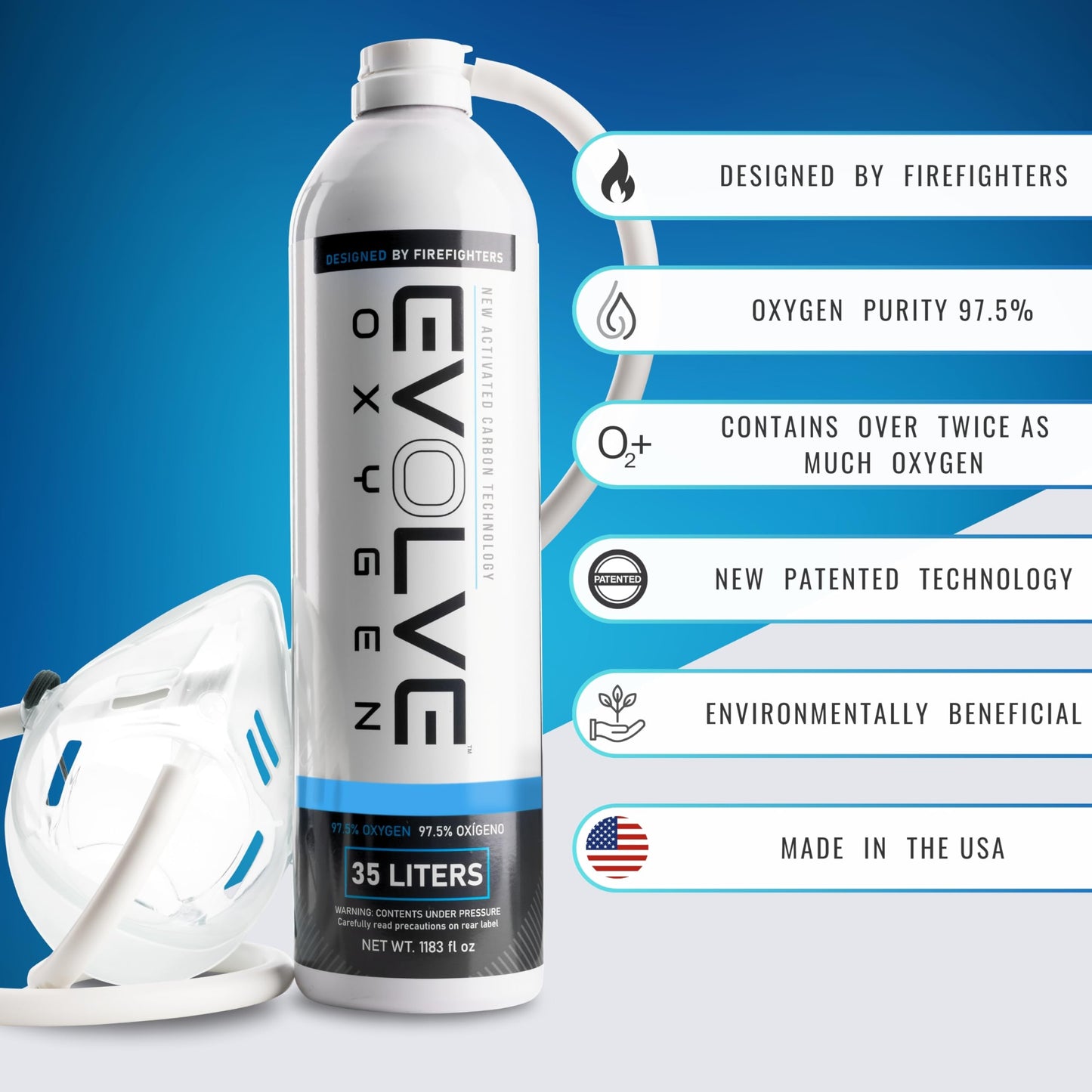 EVOLVE 35-Liter Pure Oxygen Canister with Mask and Tube | Portable Oxygen Can | Ideal for Home Use and Outdoor Activities | Designed by Firefighters | Made in The USA | Pack of 1
