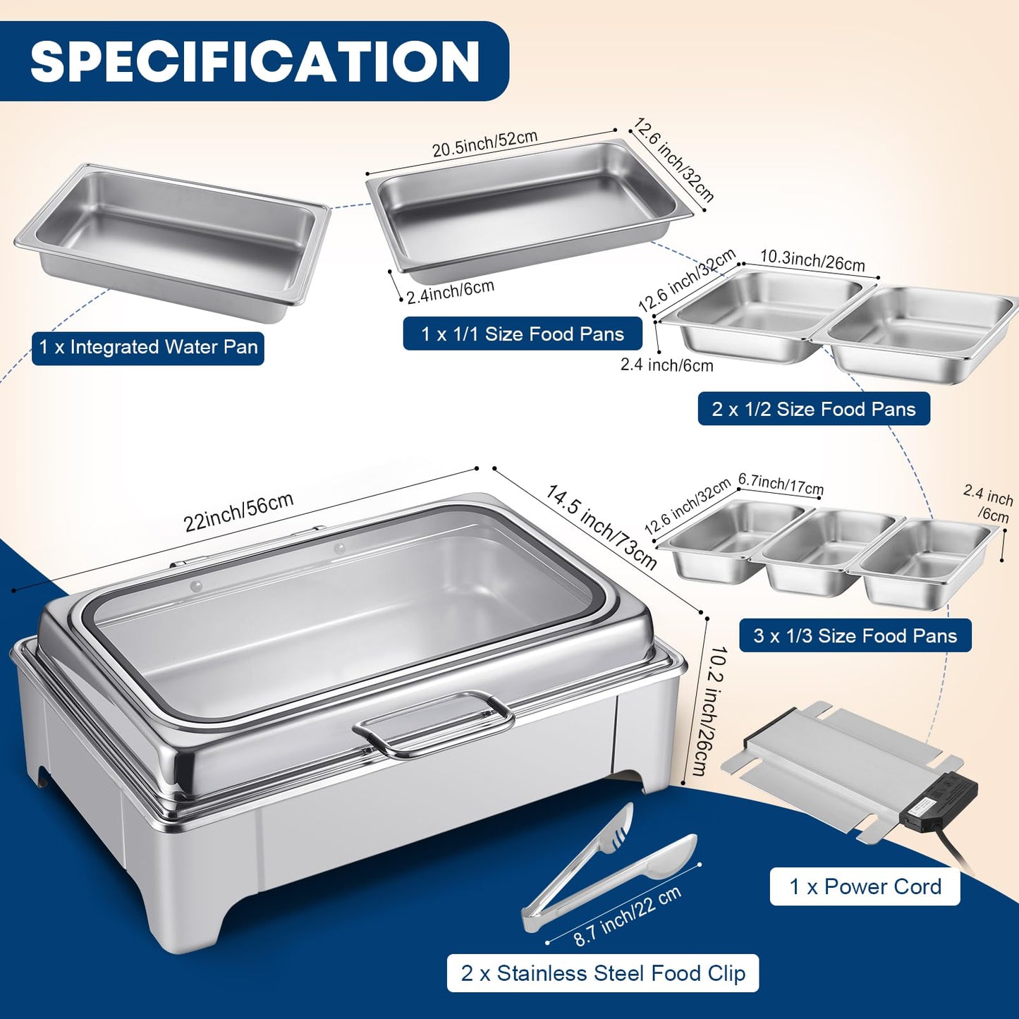 Electric Chafing Dish Buffet Server Set, Stainless Steel Full Size & Half-Size &Three-Section Food Pan with Temp Control, Roll Top Stainless Steel Food Warmers for Catering Buffet (A-01)