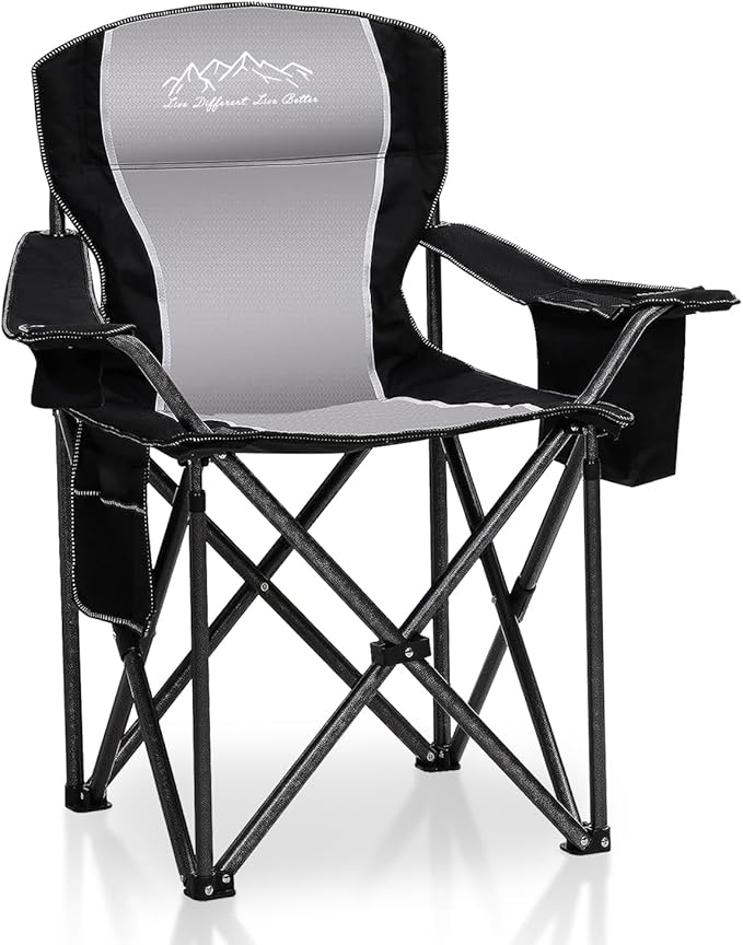 SAILARY Folding Camping Chair Portable Outdoor Heavy Duty Padded Chairs Lawn Chair with Cup Holder, Storage Pocket and Cooler Bag, Supports 450LBS Black