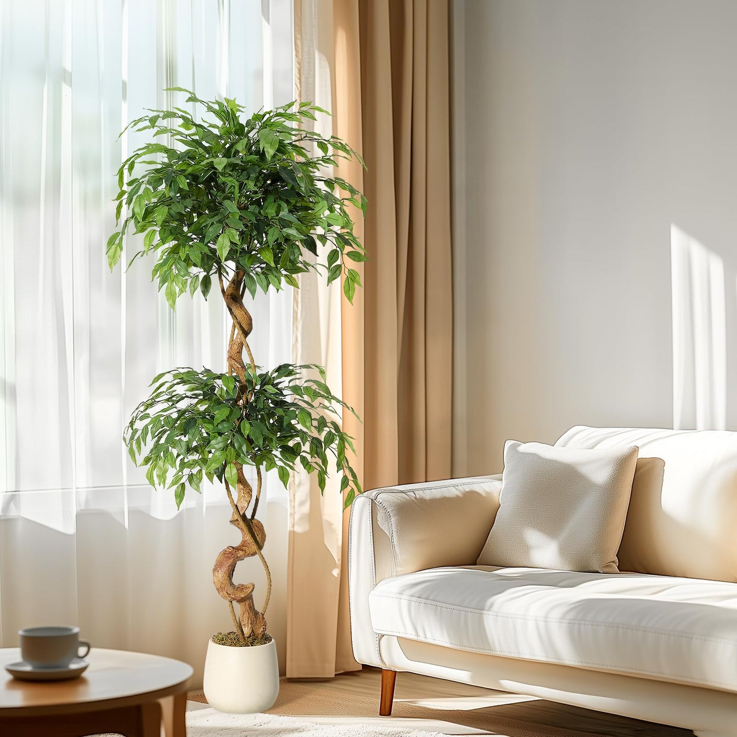GarveeHome Ficus Artificial Tree with Curved Trunk，5 Feet Faux Plant Fake Silk Trees with White Pot, Fake Ficus Tree for Home Decor, Artificial Plants Indoor for Office Living Room