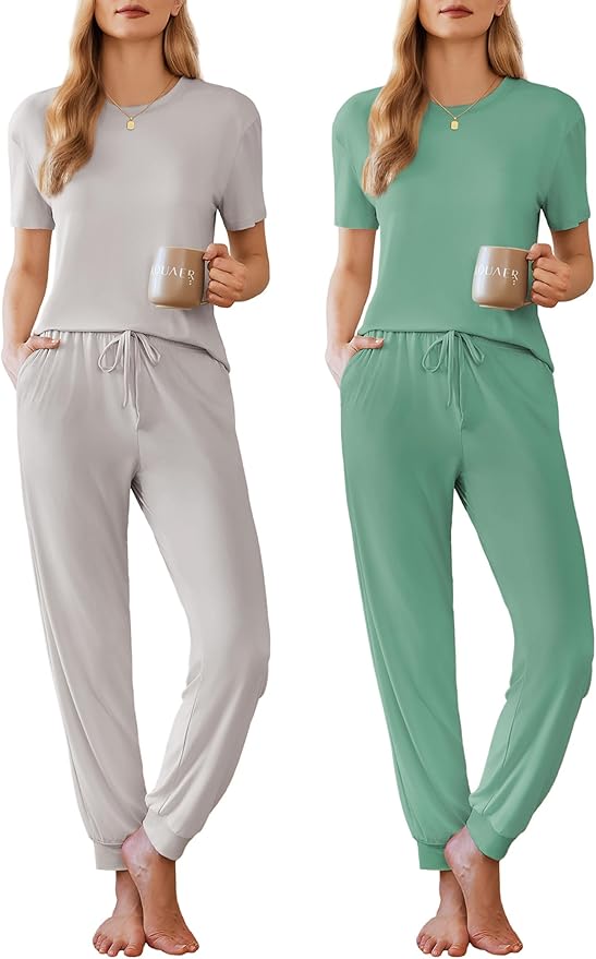 Ekouaer Pajamas for Women Set 2 Pack Lounge Set Short Sleeve Pjs Joggers Long Pants Loungepwear with Pockets