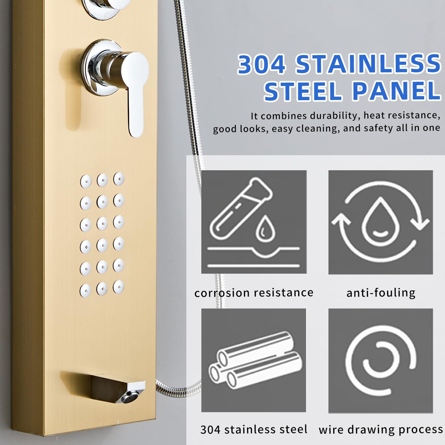 HSYLYPA Shower Panel Tower System 5-in-1 Shower Panel Tower with Powerful Body Massage, Rainfall, Waterfall,Handheld and Tub Spout, Stainless Steel Shower Column - Brushed Gold