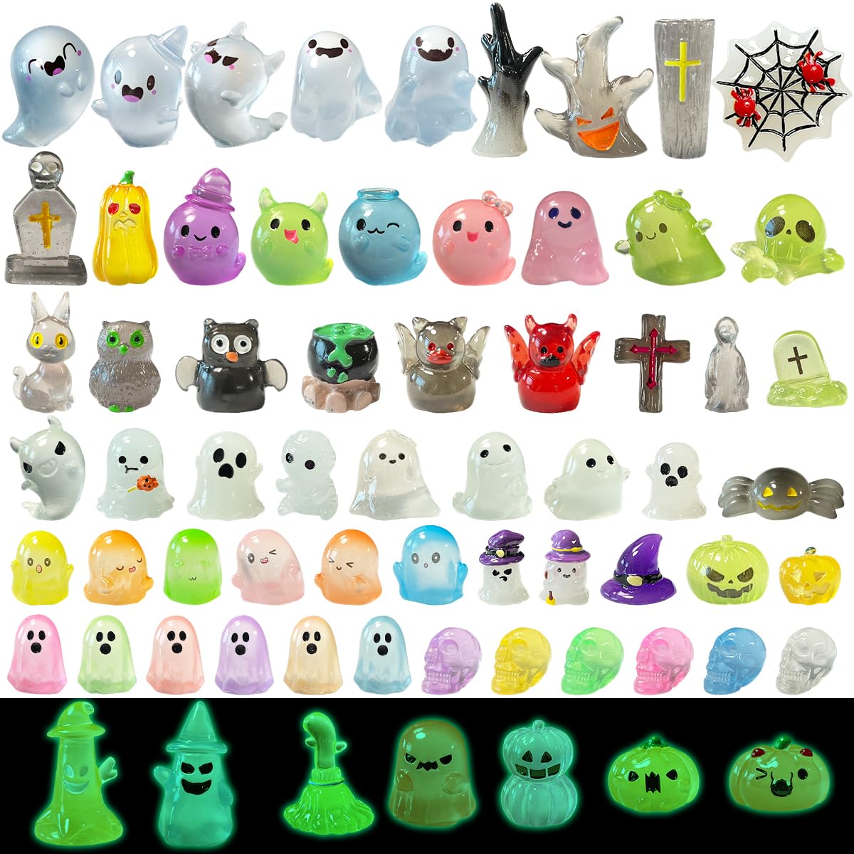 Piemow 72 Pcs Halloween Mini Resin Animals Figures Kit - Luminous Tiny Resin Figurines Accessories, Glow in The Dark Miniature Ghost Figurines for Halloween Party, Micro Landscape, Tabletop Decor
