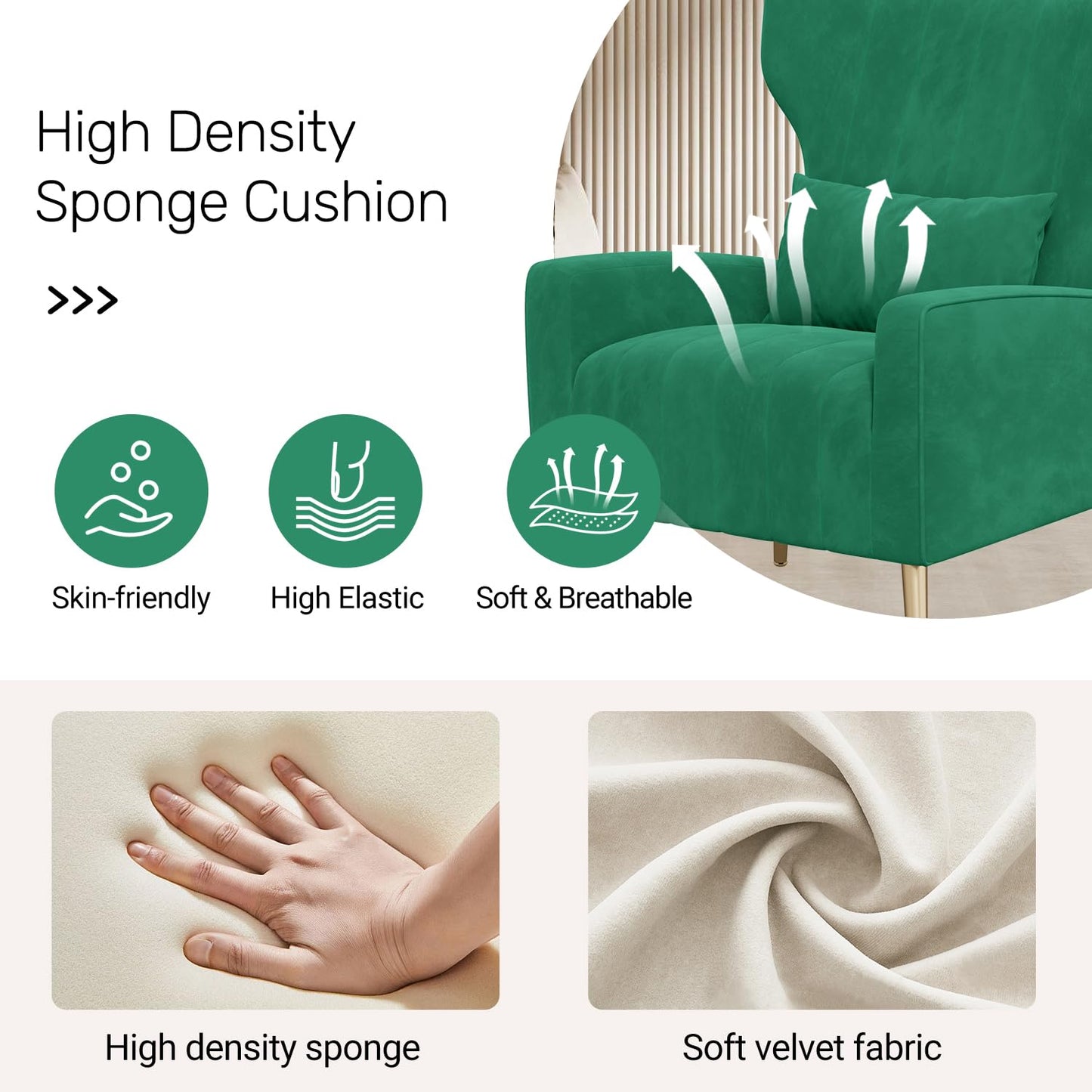 Nebuaegis Velvet Accent Chair Wingback for Living Room, High Back Arm Chair with Golden Legs Lumbar Pillow, Upholstered Single Sofa Bedroom Green