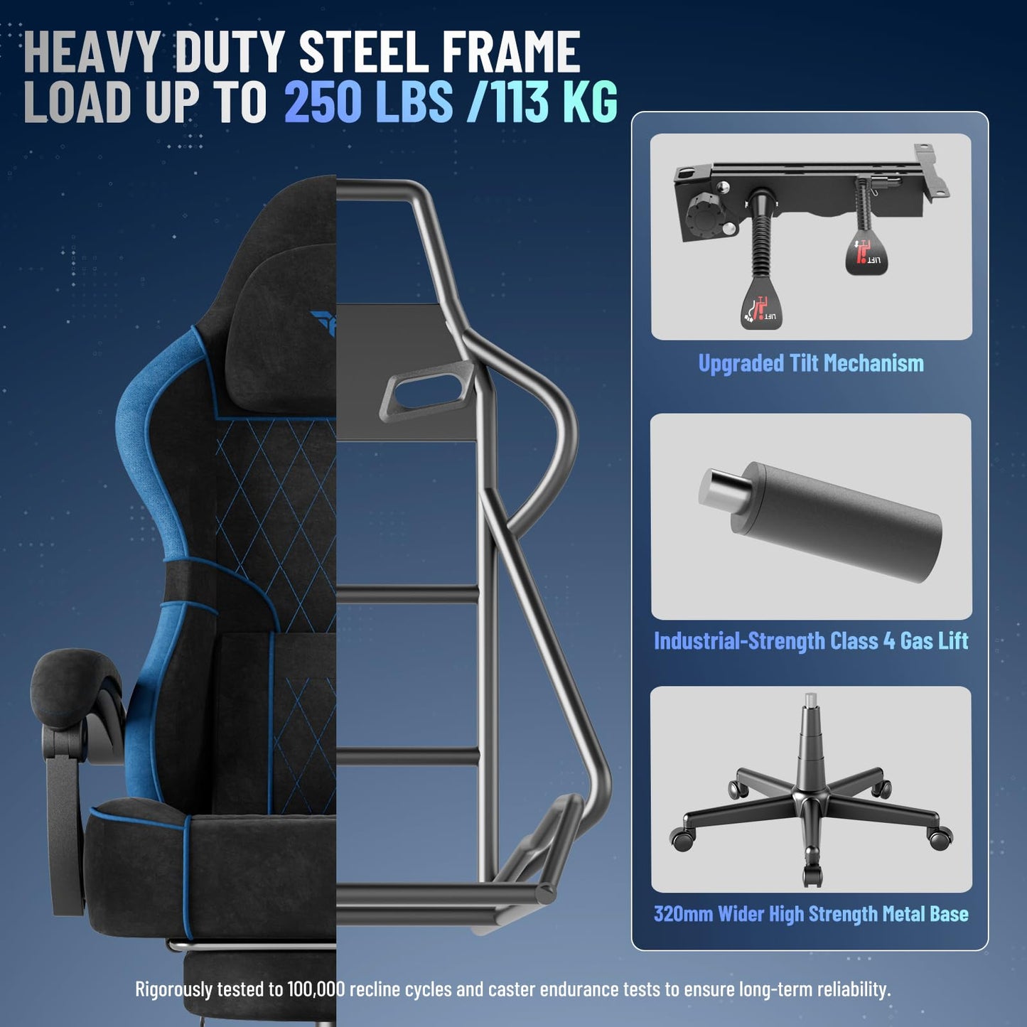 Huracan Ergonomic Gaming Chair Velvet Fabric, Massage Game Chair with Footrest for Adults, High Back Racing Computer Chair Lumbar Support Extended Seat for Home Office Video Game, Black and Blue