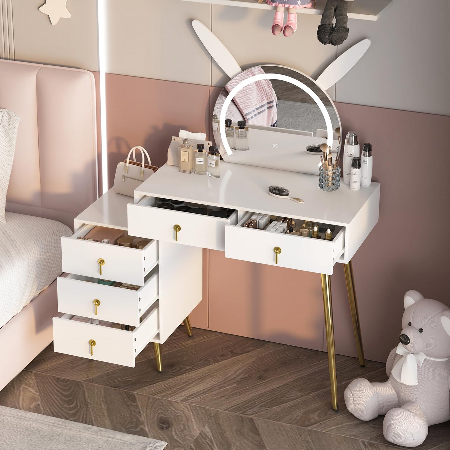 MUSSTUFIC Vanity Desk with Mirror and Lights,Makeup Table with 5 Drawers and Led Lighted Mirror in 3 Colors for Bedroom,Dressing Table(White)