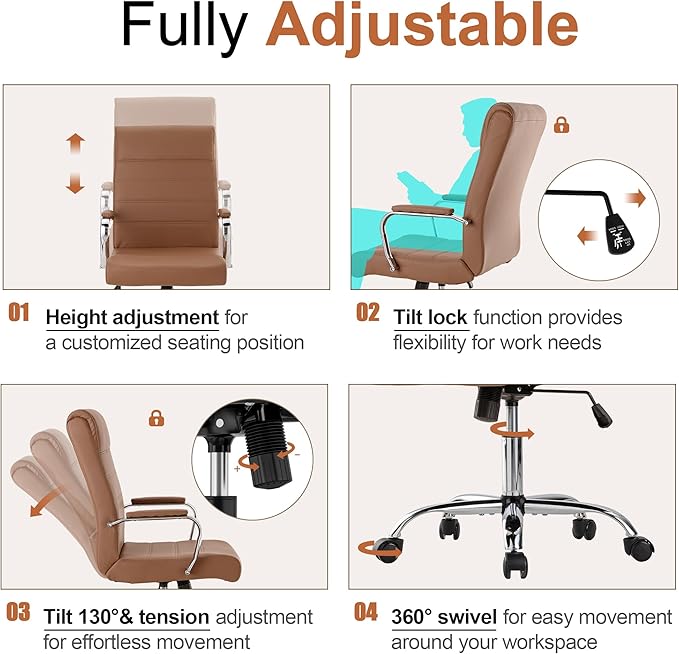 BOWTHY Modern Office Desk Chair, Conference Room Chairs, High Back Ergonomic Home ofiice Chair, Adjustable Height Swivel Executive Computer Chair with Padded Seat and Armrest (Brown)