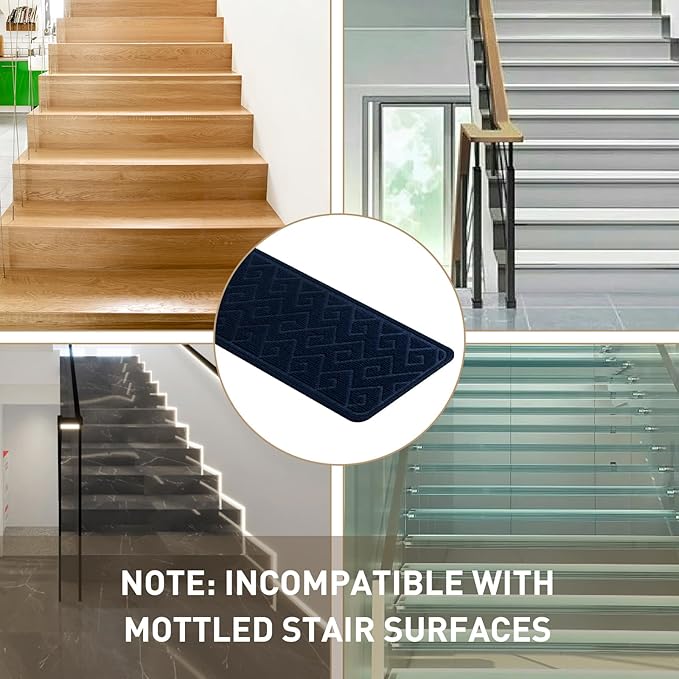 Stair Treads for Wooden Steps, 8" X 30" Non Slip Stair Runner Carpet Indoor with Reusable Adhesive Backing, Soft Tread Mat for Stairs, Polyester TPR Backing Stair Rugs-Navy Blue 15 Pack