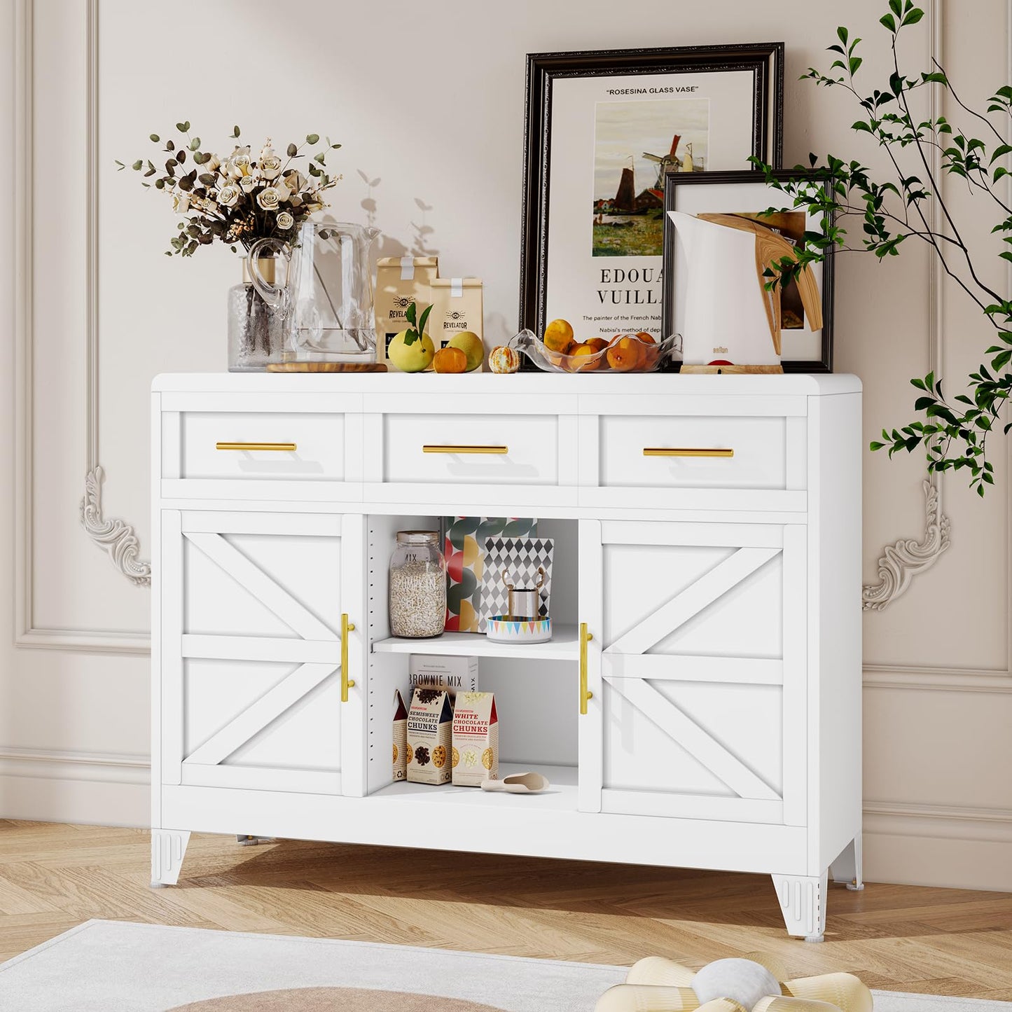 Sideboard Buffet Cabinet with Drawers, 47.2" Large Sideboard Cabinet with Doors & Adjustable Shelves, Modern Farmhouse Coffee Bar Console Table, Coffee Bar for Kitchen, Dining Room
