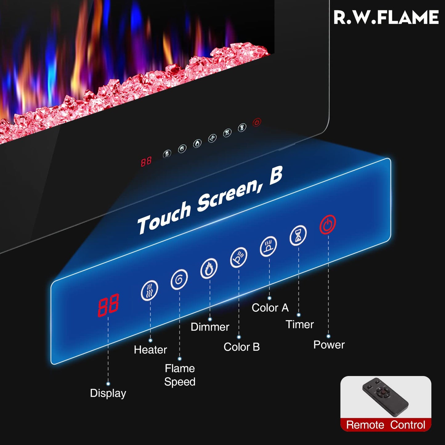 R.W.FLAME Electric Fireplace 50 inch Recessed and Wall Mounted,The Thinnest FireplaceLow Noise, Fit for 2 x 6 Stud, Remote Control with Timer,Touch Screen,Adjustable Flame Colors and Speed