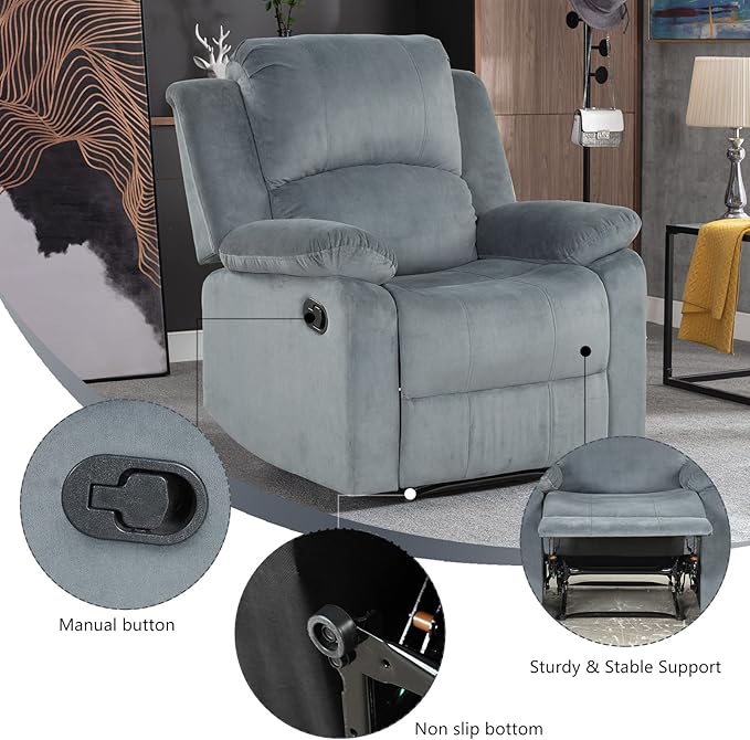 CANMOV Manual Recliner Chair, Soft Fabric Overstuffed Recliner Single Sofa Chair for Living Room, Heavy Duty and Safety Reclining Mechanism (Blue Grey)