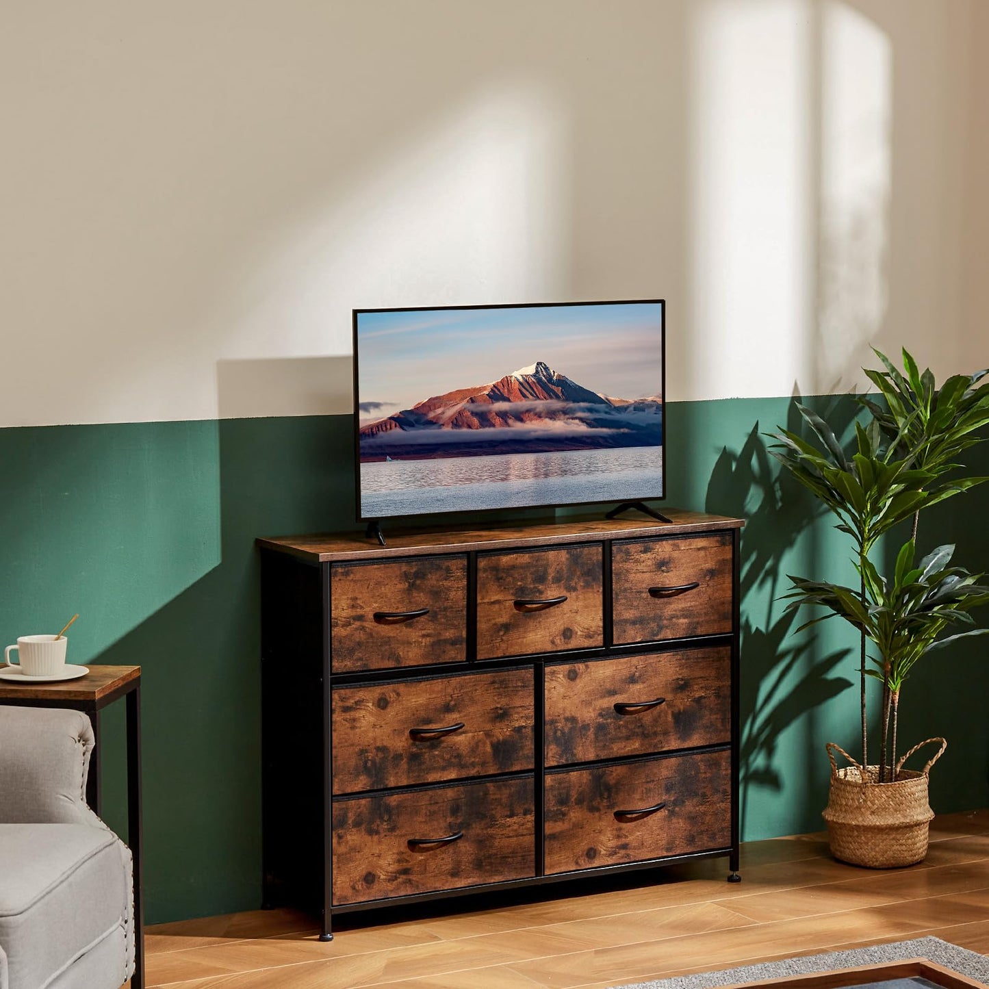 OLIXIS 7 Drawers Dresser for Bedroom, Fabric Storage Tower for Living Room, Entryway - Sturdy Steel Frame, Wooden Top & Easy Pull Fabric Bins, Closet Chests Organizer for Clothes, Classic Rust Brown