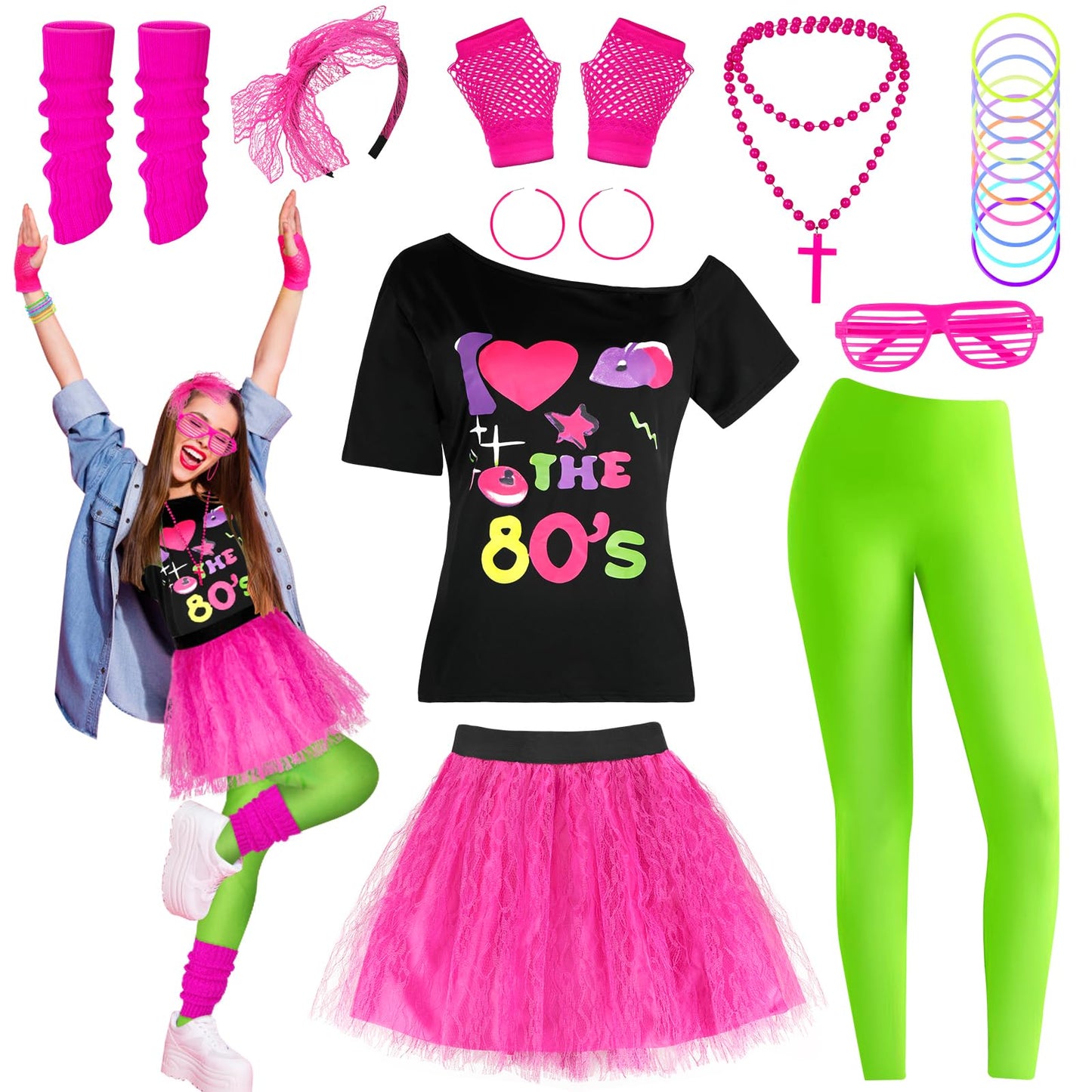 Mukum 80s Costume Set for Women 80s Outfit Accessories Set Off Shoulder Pink T Shirt Leggings Bracelets Hairband Fishnet Gloves Beaded Necklace for Hollowen Party-M