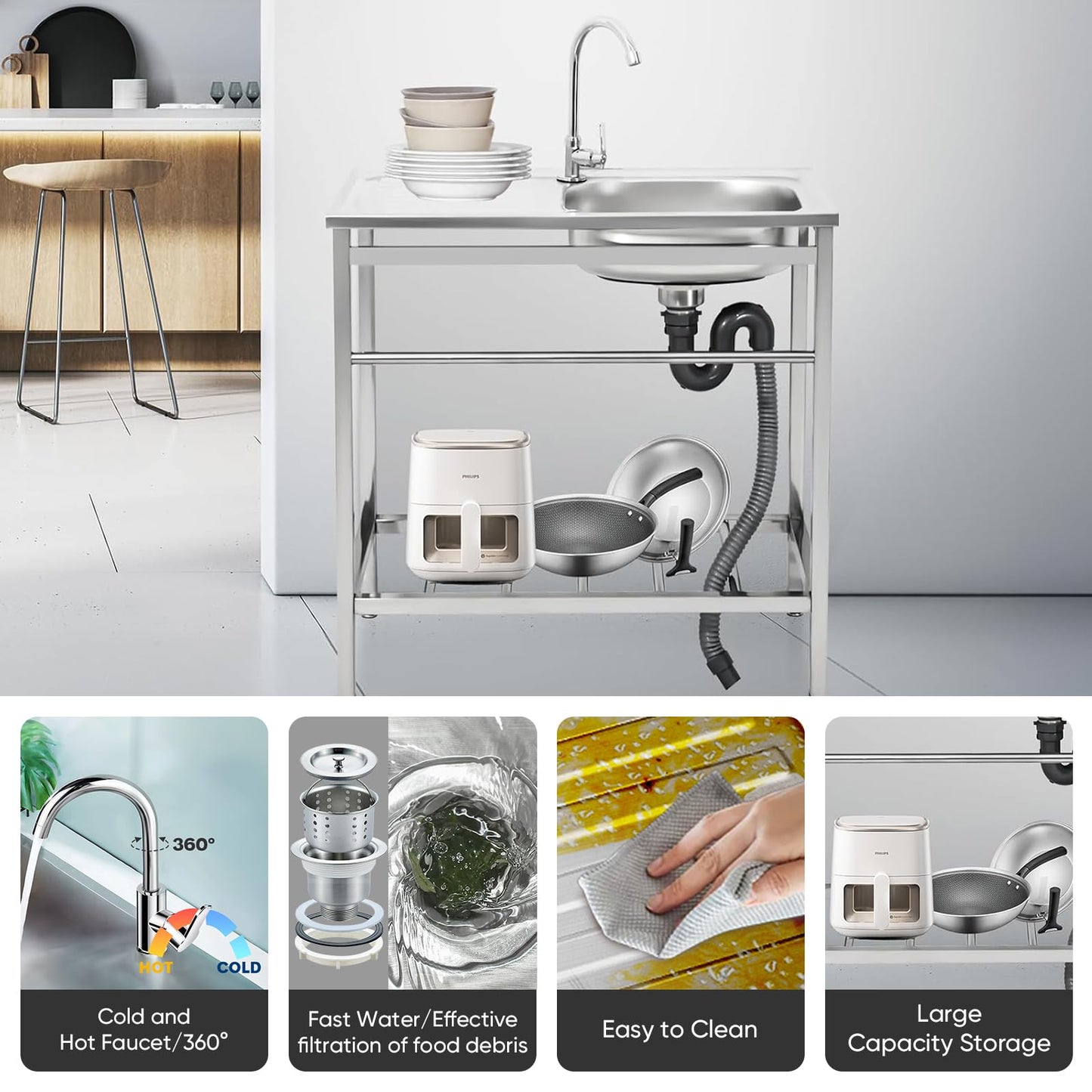 DuyviSteil Free Standing Single Bowl Kitchen Sink, Stainless Steel Utility Sink with Dual-inlet Design Faucet for Kitchen, Garage, Backyard