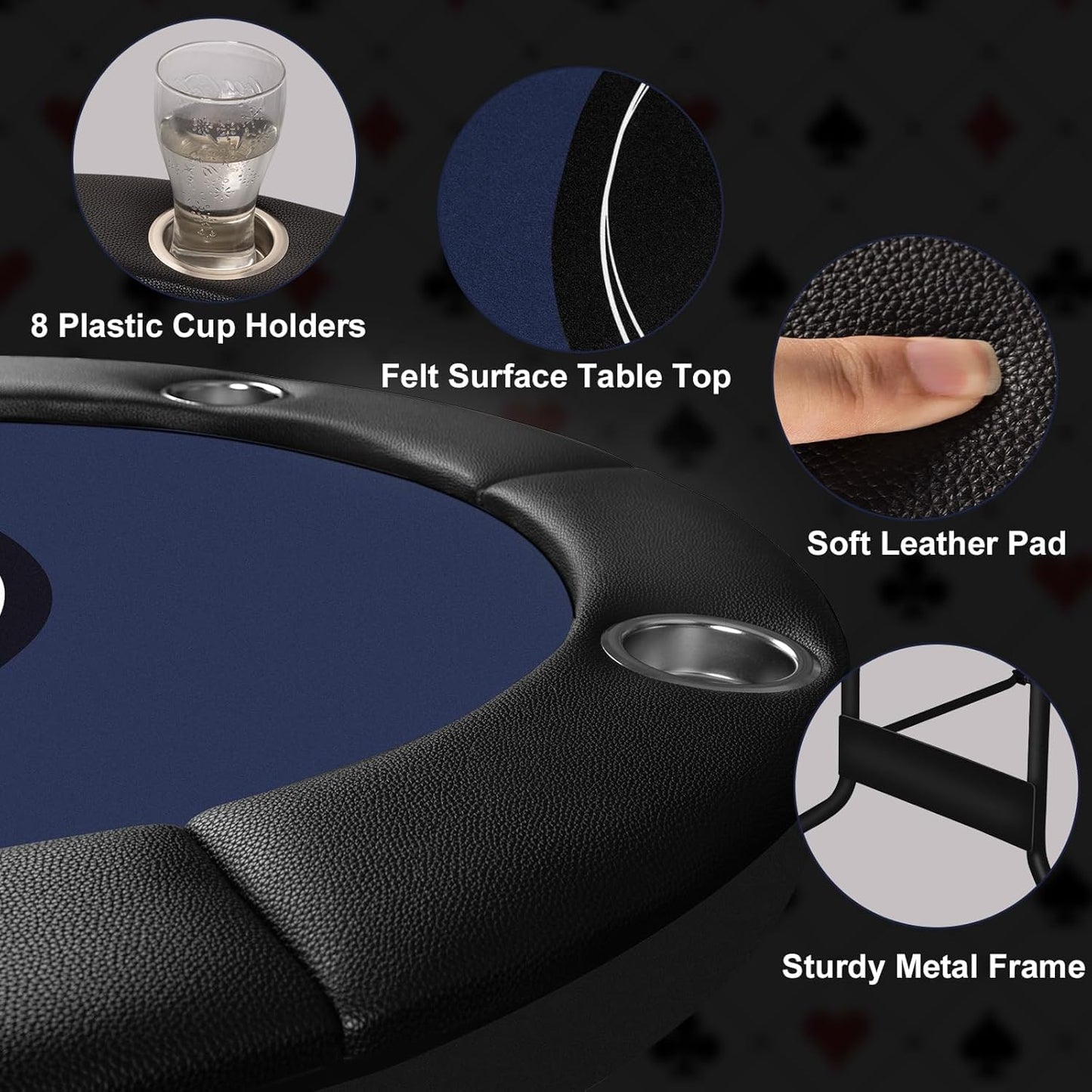 Hyner 8 Player Foldable Poker Table for Adults - Professional Casino Design w/Padded Rail & Deep Cup Holders | Heavy-Duty Steel Frame | Portable for Home Games, Parties & Poker Nights, 71 Inch
