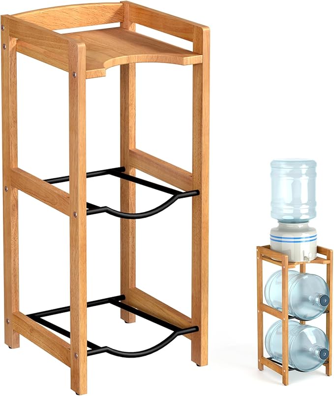 5 Gallon Water Jug Holder with Top Shelves, Natural Solid Wood Water Dispenser Stand 31"H, 3-Tiers 5 Gallon Water Jug Stan...