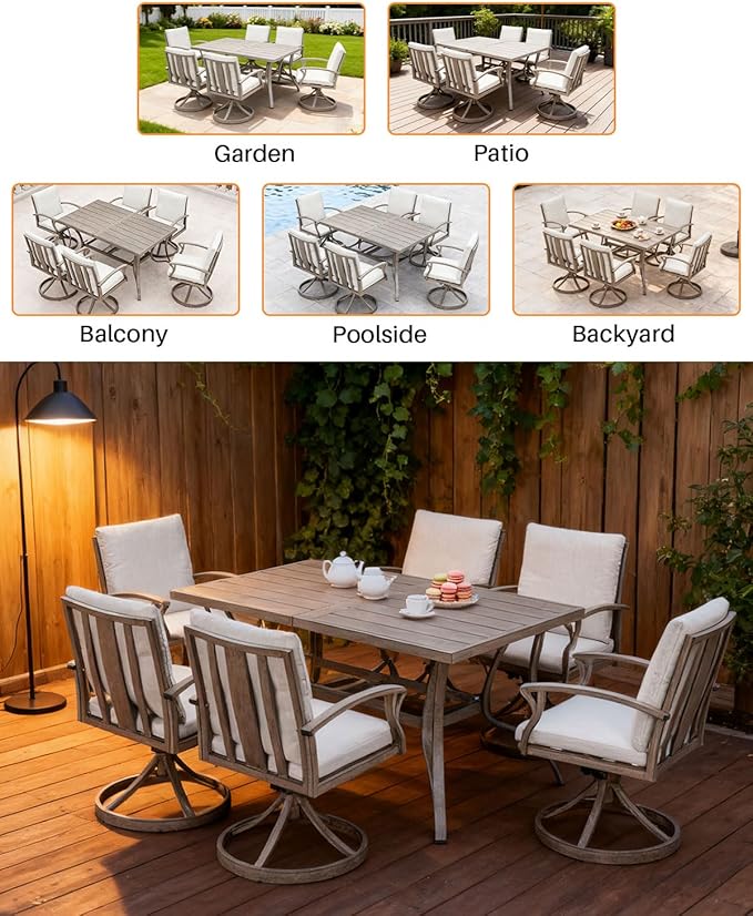 SEEHILL Patio Dining Table for 6, All Weather Outdoor Dining Table with Umbrella Hole, 59.8" x 35.8" Rectangle Patio Table, 6 Person Aluminum Outdoor Patio Table for Deck, Garden Poolside, Limed Oak