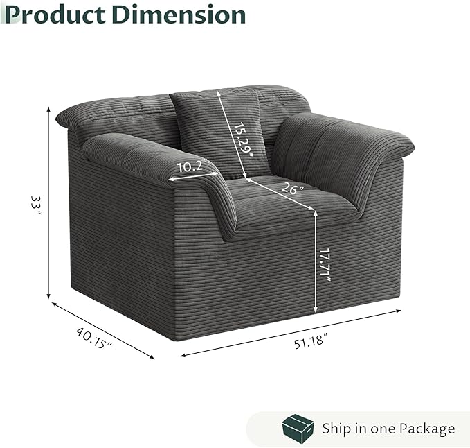 SUNG7 51" Cloud Sectional Couch, Modern Modular Sofa with Deep Seat, Comfy Compressed Single Sofa, Upholstered Corduroy Couches for Living Room, No Assembly Required, Dark Gray