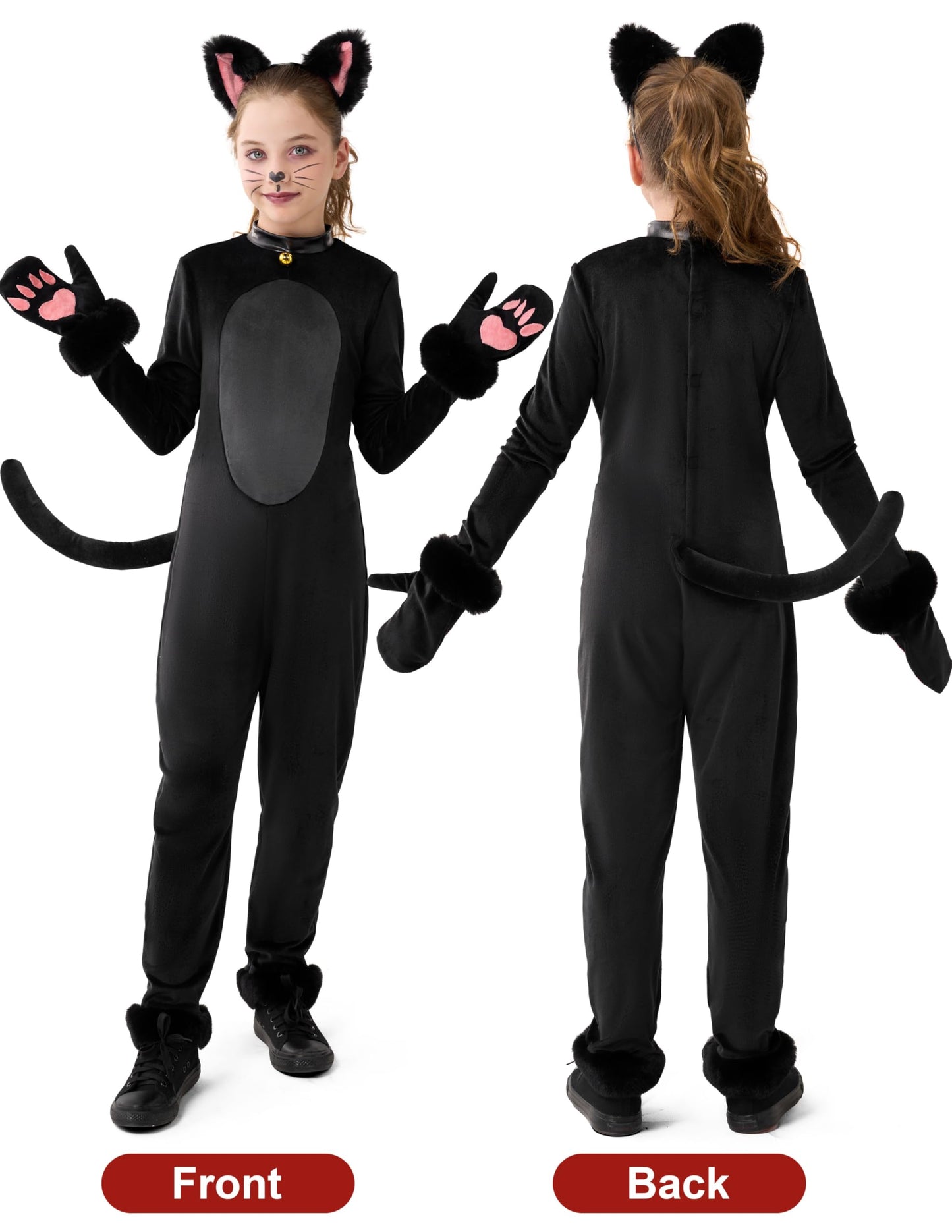 Spooktacular Creations Girls Cat Costume, Black Cat Plush Costume, Child Outfit Set with Tail Headband Gloves for Kids Halloween Role Play Themed Parties, M