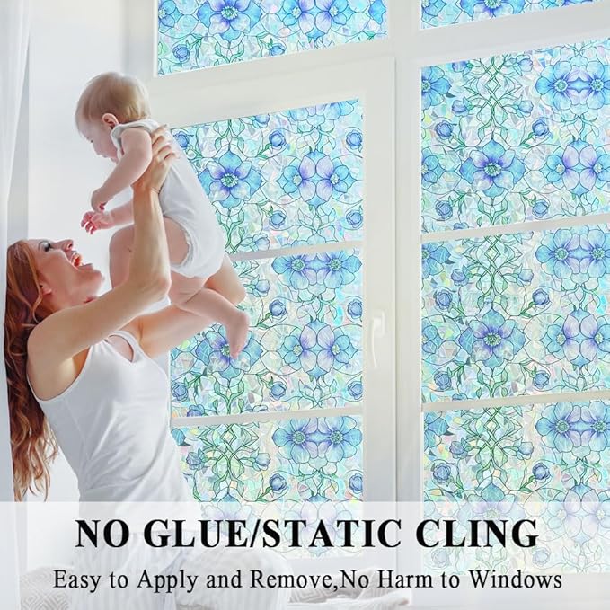 Etched Window Privacy Film Blue Purple Floral Sliding Glass Door Tint No Glue Static Cling Decals 3D Rainbow Decorative Covers Iridescent Anti UV Removal DIY Home Office,17.5X78.7in.