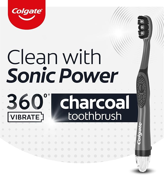 Colgate 360 Vibrate Charcoal Battery Operated Toothbrush Pack, Soft with 1 AAA Battery Included, Black, 2 Count