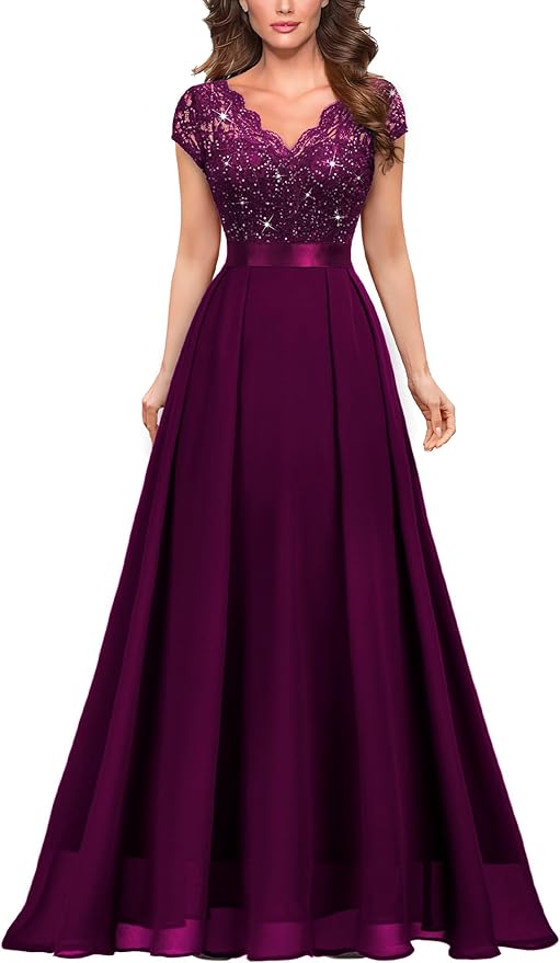 Miusol Women's Elegant V-Neck Cap Sleeve Sequined Floral Lace Formal Party Maxi Dress