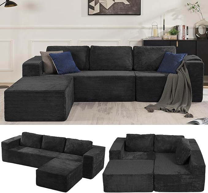 Furnify Loveseat Sofa, Cloud Modular Sofa Couch, Upholstered Floor Sofa with Deep Seat, Upholstered Foam Couch for Bedroom Living Room, No Assembly Required (Plush Corduroy Fabric, Black)