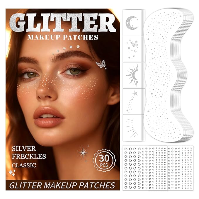 30PCS Glitter Freckles Face Tattoos & Face Gems Set, Classic Silver Glitter Temporary Tattoos for Valentine's Day Makeup, ...